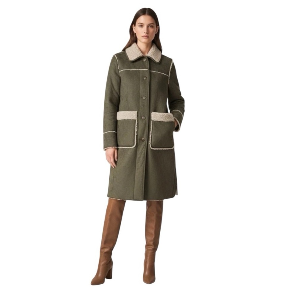 MICHAEL KORS Faux Suede / Shearling Olive Green Button Down Coat Size M NEW